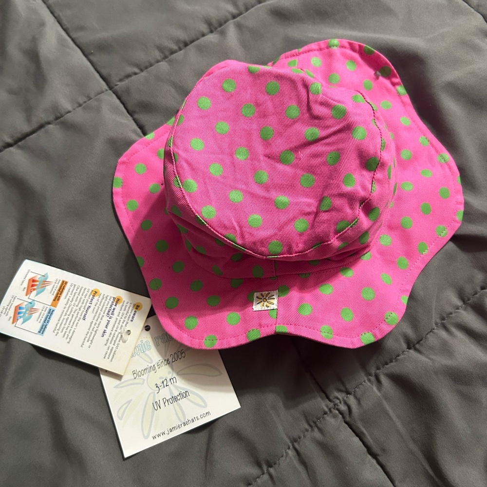 Pink and Green Polka Dot Sun Hat 3-12 Months Old With UV Protection
